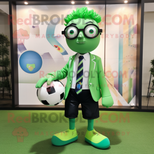 Lime Green Soccer Goal mascot costume character dressed with a Suit Jacket and Reading glasses