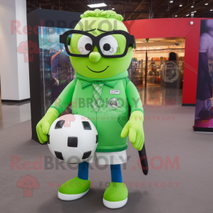 Lime Green Soccer Goal mascot costume character dressed with a Suit Jacket and Reading glasses