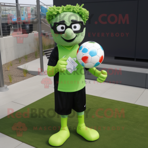 Lime Green Soccer Goal mascot costume character dressed with a Suit Jacket and Reading glasses
