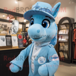 Sky Blue Mare mascot costume character dressed with a Henley Tee and Berets