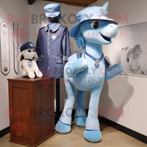 Sky Blue Mare mascot costume character dressed with a Henley Tee and Berets