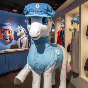 Sky Blue Mare mascot costume character dressed with a Henley Tee and Berets