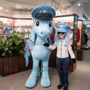 Sky Blue Mare mascot costume character dressed with a Henley Tee and Berets