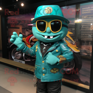 Turquoise Lasagna mascot costume character dressed with a Biker Jacket and Hat pins