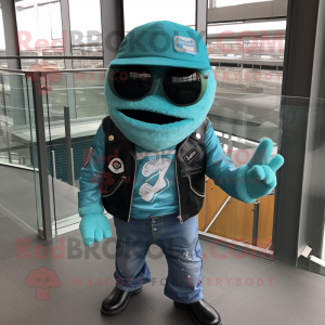 Turquoise Lasagna mascot costume character dressed with a Biker Jacket and Hat pins