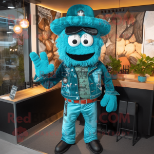 Turquoise Lasagna mascot costume character dressed with a Biker Jacket and Hat pins