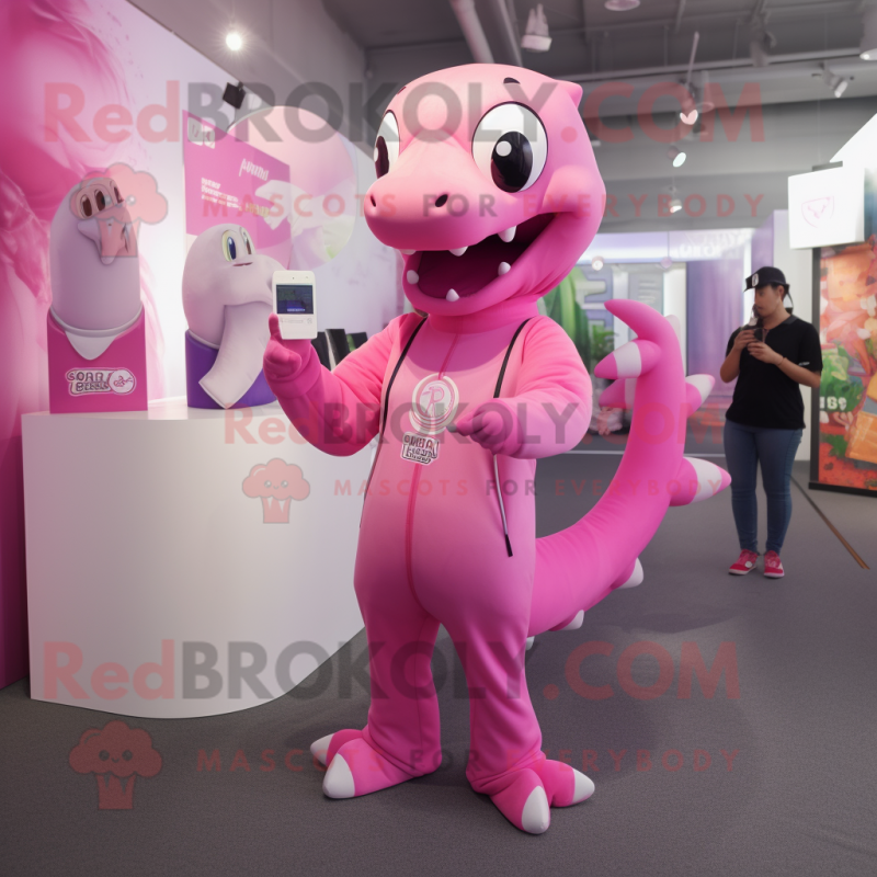 Pink Hydra mascot costume character dressed with a Jumpsuit and Anklets