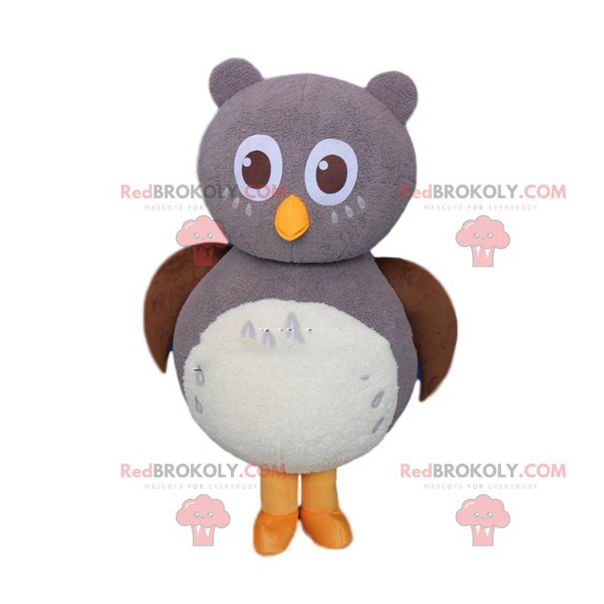 Mascotte de hibou gris et blanc géant, costume de chouette -