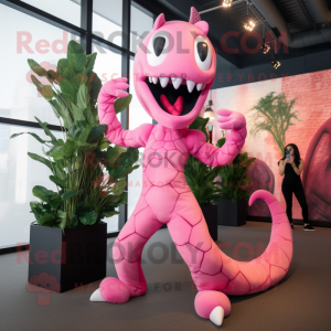 Pink Hydra mascot costume character dressed with a Jumpsuit and Anklets