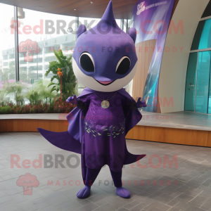 Purple Manta Ray mascot costume character dressed with a One-Piece Swimsuit and Necklaces