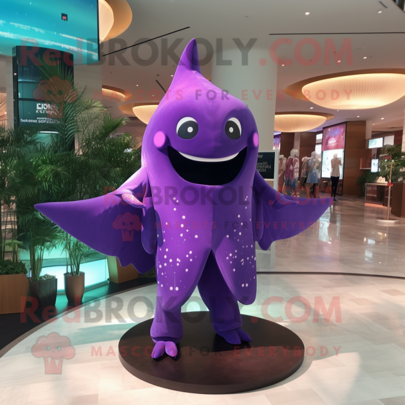 Purple Manta Ray mascot costume character dressed with a One-Piece Swimsuit and Necklaces