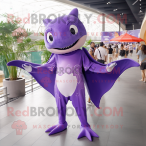 Purple Manta Ray mascot costume character dressed with a One-Piece Swimsuit and Necklaces