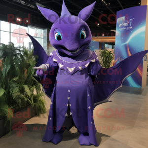 Purple Manta Ray mascot costume character dressed with a One-Piece Swimsuit and Necklaces