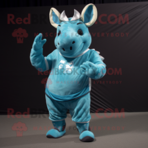 Cyan Rhinoceros mascot costume character dressed with a Shorts and Gloves