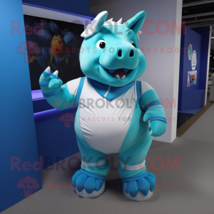 Cyan Rhinoceros mascot costume character dressed with a Shorts and Gloves