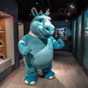 Cyan Rhinoceros mascot costume character dressed with a Shorts and Gloves