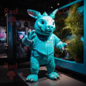 Cyan Rhinoceros mascot costume character dressed with a Shorts and Gloves