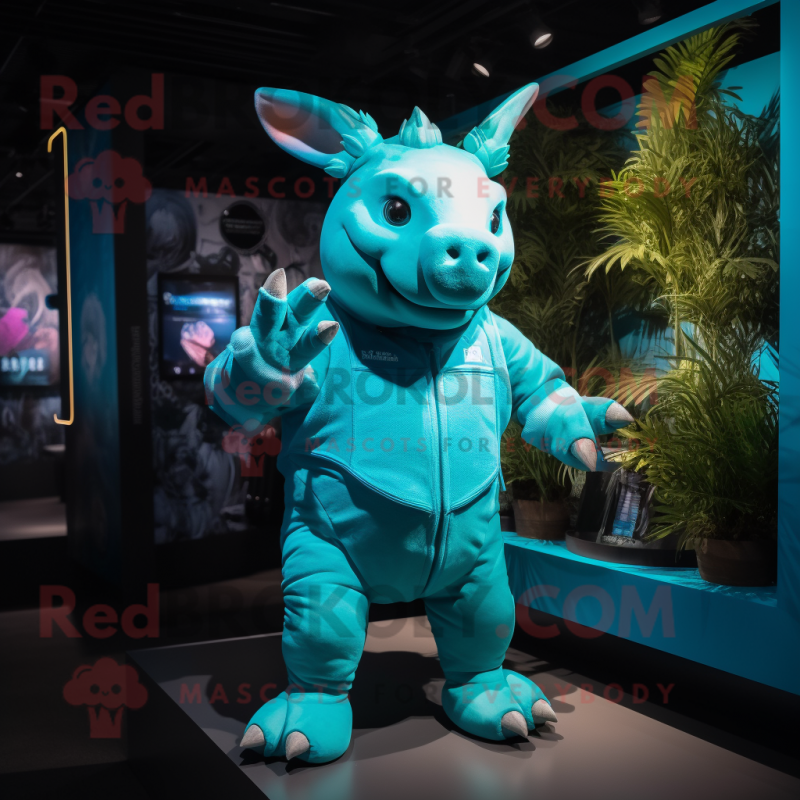Cyan Rhinoceros mascot costume character dressed with a Shorts and Gloves Cyan Rhinoceros mascot costume character dressed with a Shorts and Gloves