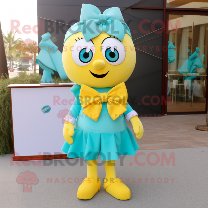 Teal Lemon mascot costume character dressed with a Pencil Skirt and Bow ties