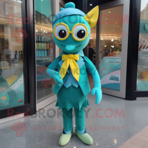 Teal Lemon mascot costume character dressed with a Pencil Skirt and Bow ties