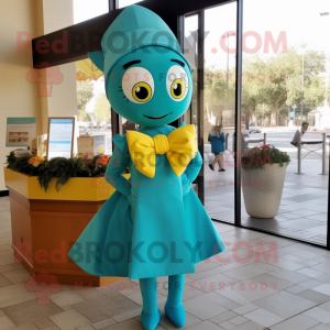 Teal Lemon mascot costume character dressed with a Pencil Skirt and Bow ties