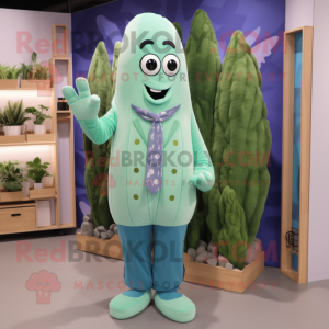 Cyan Asparagus mascot costume character dressed with a Button-Up Shirt and Mittens