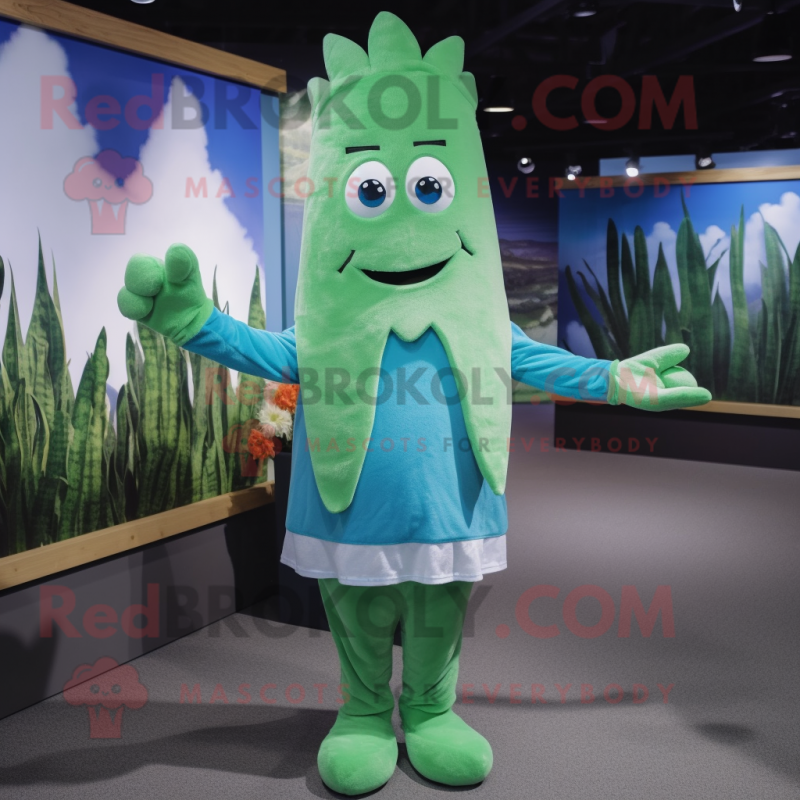 Cyan Asparagus mascot costume character dressed with a Button-Up Shirt and Mittens Cyan Asparagus mascot costume character dressed with a Button-Up Shirt and Mittens