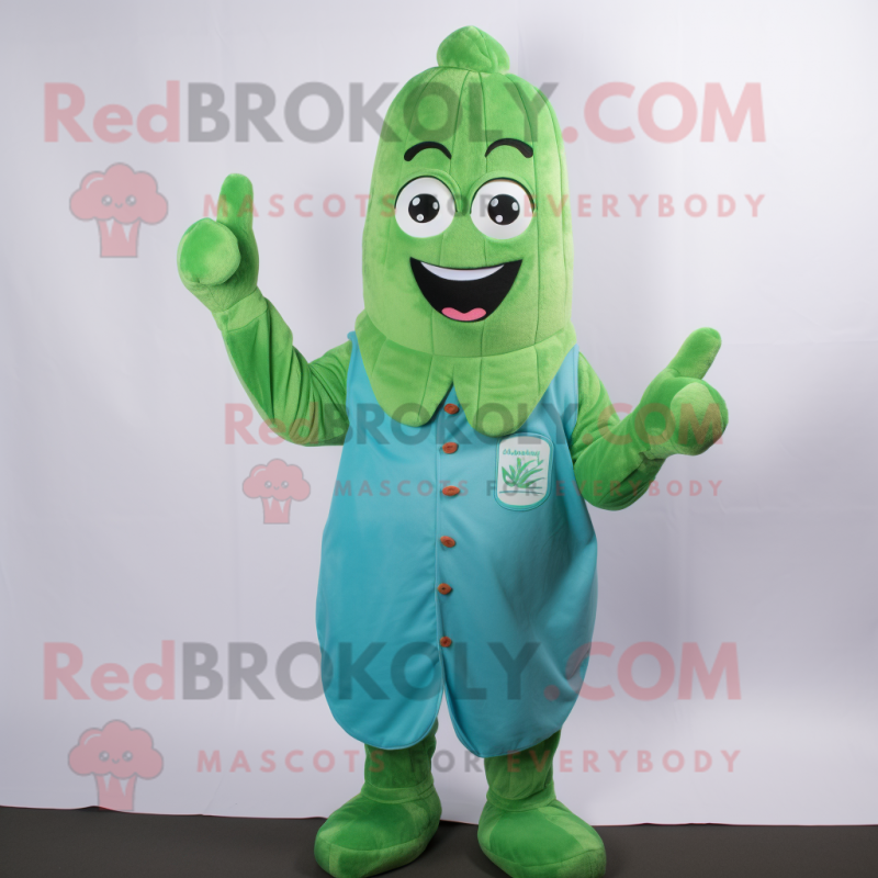 Cyan Asparagus mascot costume character dressed with a Button-Up Shirt and Mittens Cyan Asparagus mascot costume character dressed with a Button-Up Shirt and Mittens