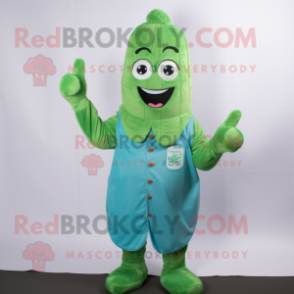 Cyan Asparagus mascot costume character dressed with a Button-Up Shirt and Mittens