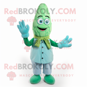 Cyan Asparagus mascot costume character dressed with a Button-Up Shirt and Mittens