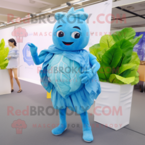 Sky Blue Cabbage mascot costume character dressed with a One-Piece Swimsuit and Wraps