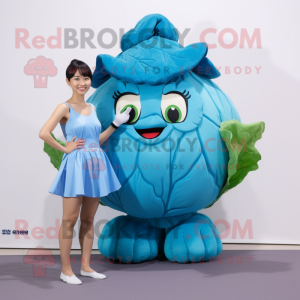 Sky Blue Cabbage mascot costume character dressed with a One-Piece Swimsuit and Wraps