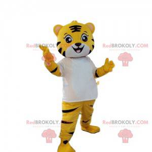 Geel, wit en zwart tijger mascotte, katachtig kostuum -
