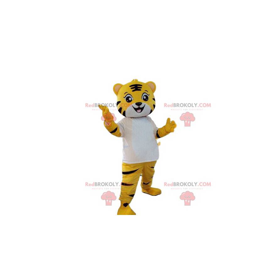 Yellow, white and black tiger mascot, feline costume -