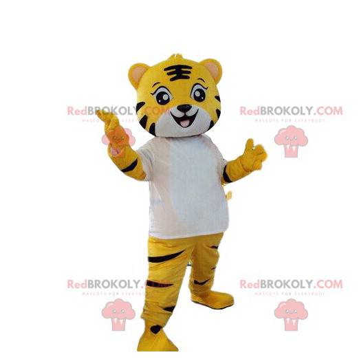 Geel, wit en zwart tijger mascotte, katachtig kostuum -