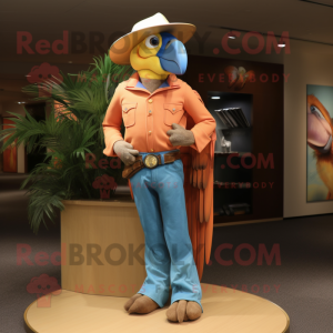 Peach Macaw mascot costume character dressed with a Bootcut Jeans and Watches