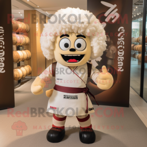 Cream Samurai mascot costume character dressed with a Rugby Shirt and Scarves