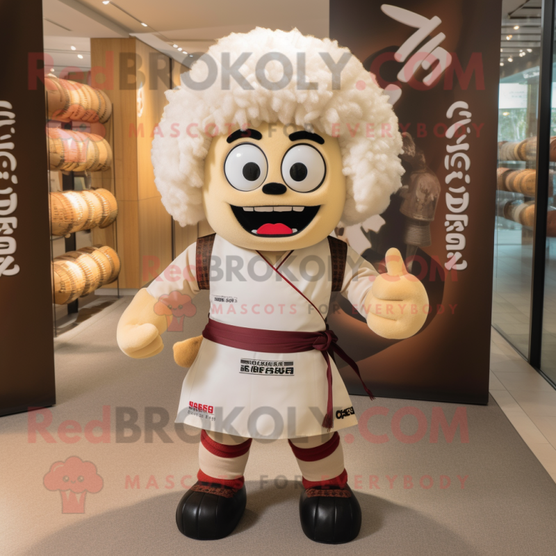 Cream Samurai mascot costume character dressed with a Rugby Shirt and Scarves Cream Samurai mascot costume character dressed with a Rugby Shirt and Scarves