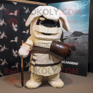 Cream Samurai mascot costume character dressed with a Rugby Shirt and Scarves