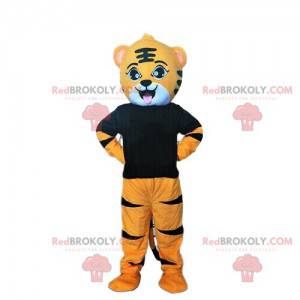 Oranje, witte en zwarte tijger mascotte, katachtig kostuum -