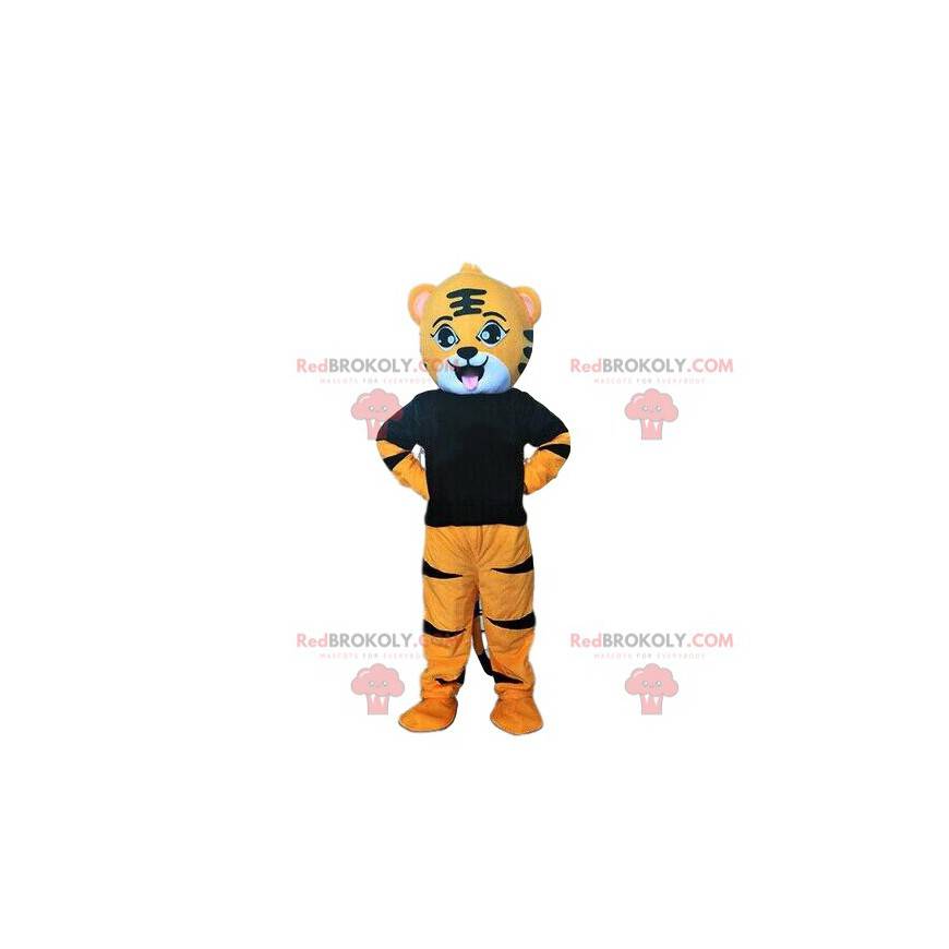 Orange, white and black tiger mascot, feline costume -