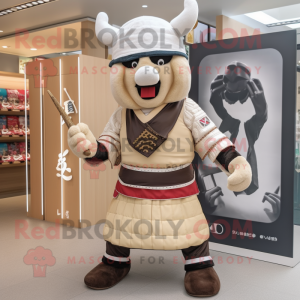 Cream Samurai mascot costume character dressed with a Rugby Shirt and Scarves