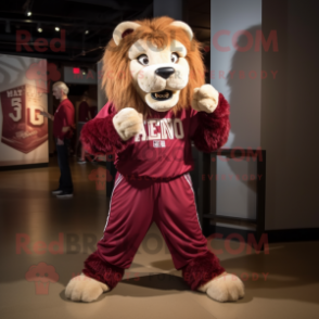 Maroon Lion mascot costume character dressed with a Graphic Tee and Anklets