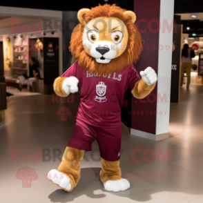 Maroon Lion mascot costume character dressed with a Graphic Tee and Anklets