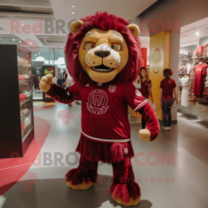 Maroon Lion mascot costume character dressed with a Graphic Tee and Anklets