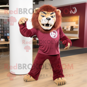 Maroon Lion mascot costume character dressed with a Graphic Tee and Anklets