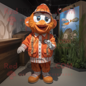 Brown Clown Fish mascot costume character dressed with a Windbreaker and Coin purses