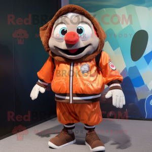 Brown Clown Fish mascot costume character dressed with a Windbreaker and Coin purses