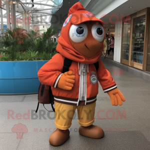 Brown Clown Fish mascot costume character dressed with a Windbreaker and Coin purses