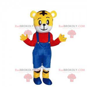 Yellow tiger mascot in colorful outfit, baby tiger costume -